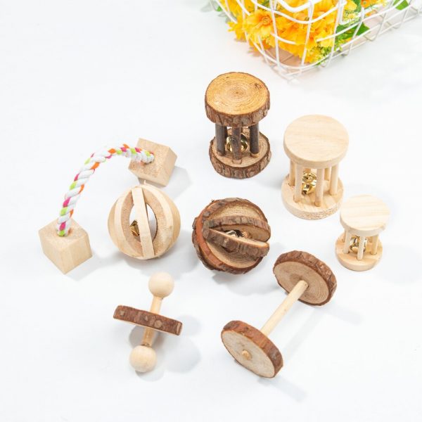 Cute Natural Wooden Rabbits Toys Pine Dumbells Unicycle Bell Roller Chew Toys for Guinea Pigs Rat Small Pet Molars Supplies