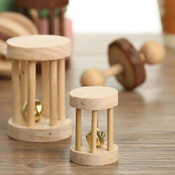 Cute Natural Wooden Rabbits Toys Pine Dumbells Unicycle Bell Roller Chew Toys for Guinea Pigs Rat Small Pet Molars Supplies