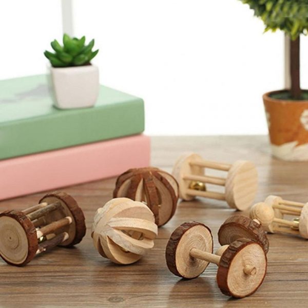 Cute Natural Wooden Rabbits Toys Pine Dumbells Unicycle Bell Roller Chew Toys for Guinea Pigs Rat Small Pet Molars Supplies