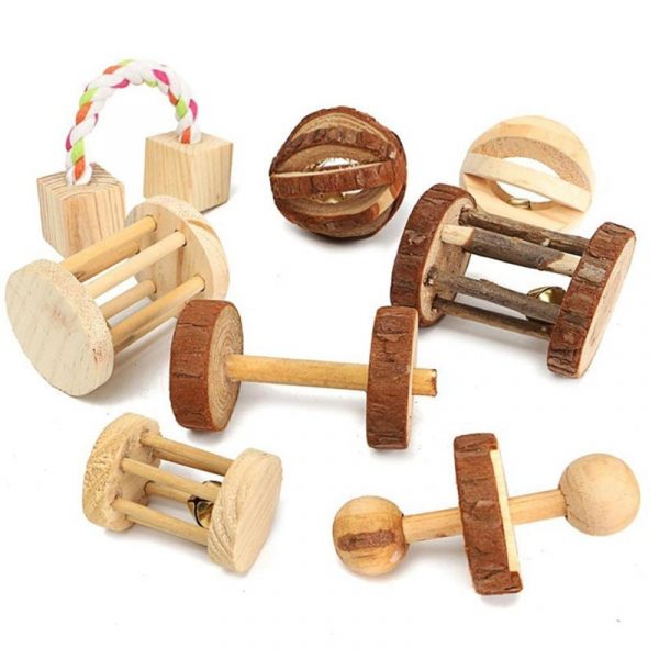 Cute Natural Wooden Rabbits Toys Pine Dumbells Unicycle Bell Roller Chew Toys for Guinea Pigs Rat Small Pet Molars Supplies